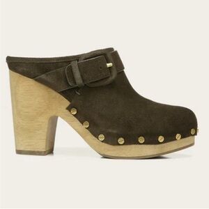 NEW Veronica Beard Boho Olive Army Green Suede Mules with Wooden Heel